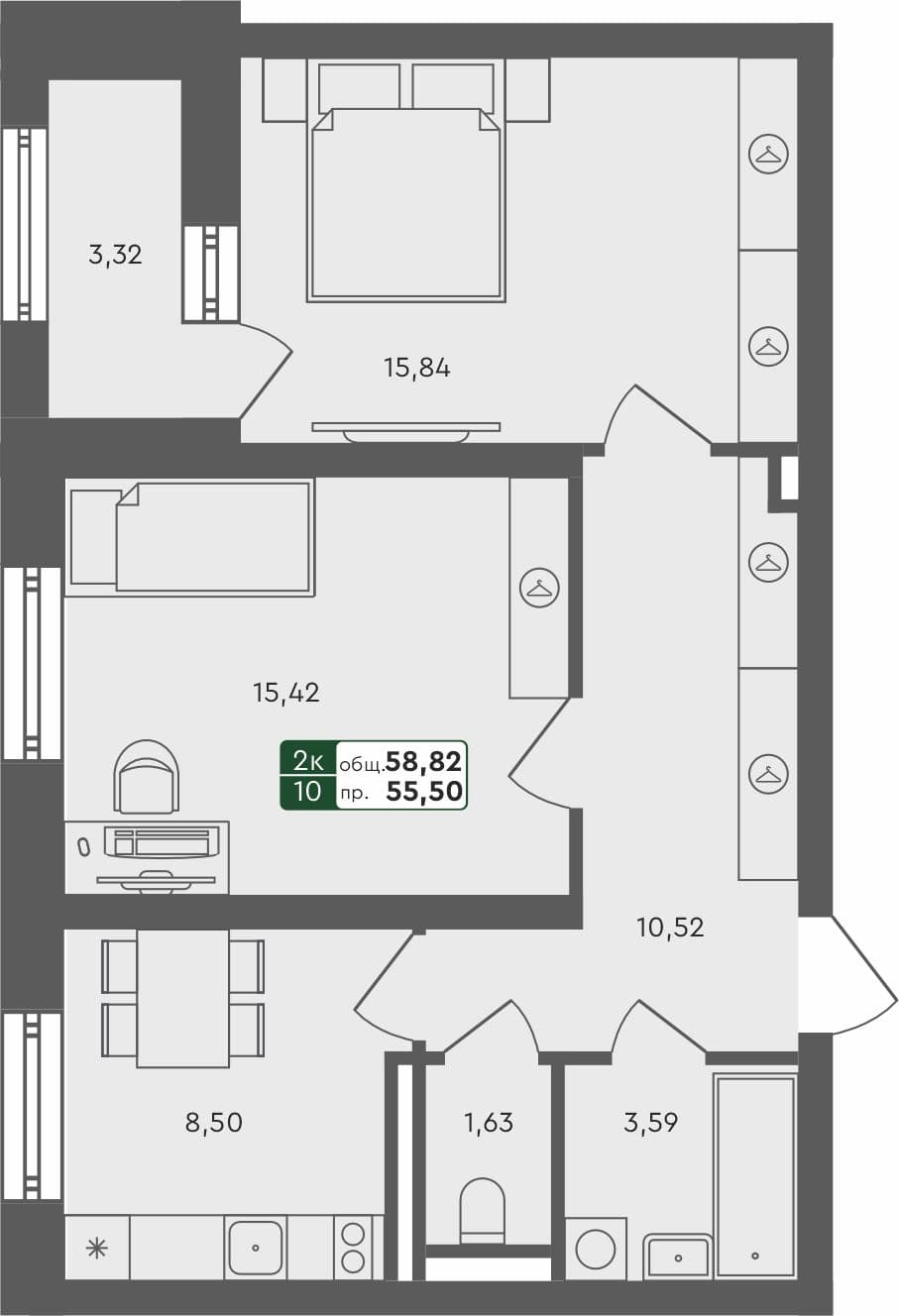 2-комн. квартира, 60.3 м², 3 из 4 этаж квартира