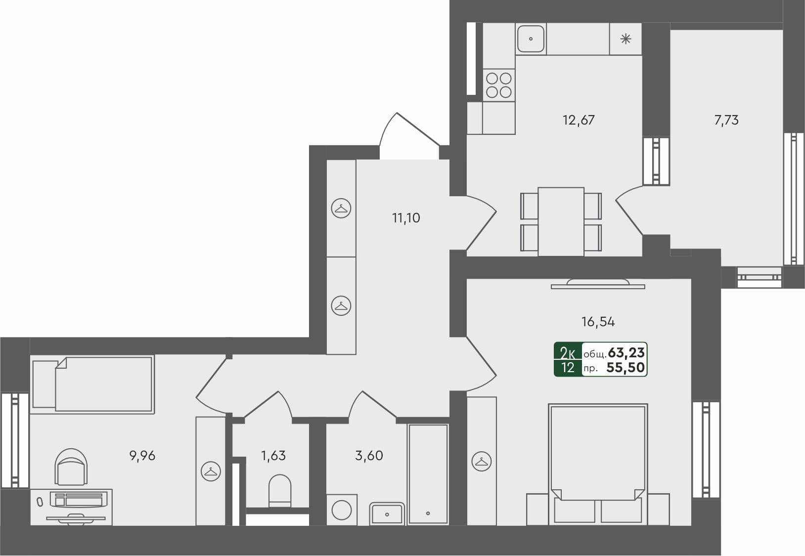 2-комн. квартира, 63.23 м², 4 из 4 этаж квартира