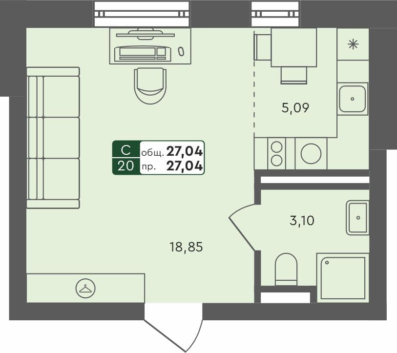 Студия квартира, 27.04 м², 1 из 4 этаж Планировка