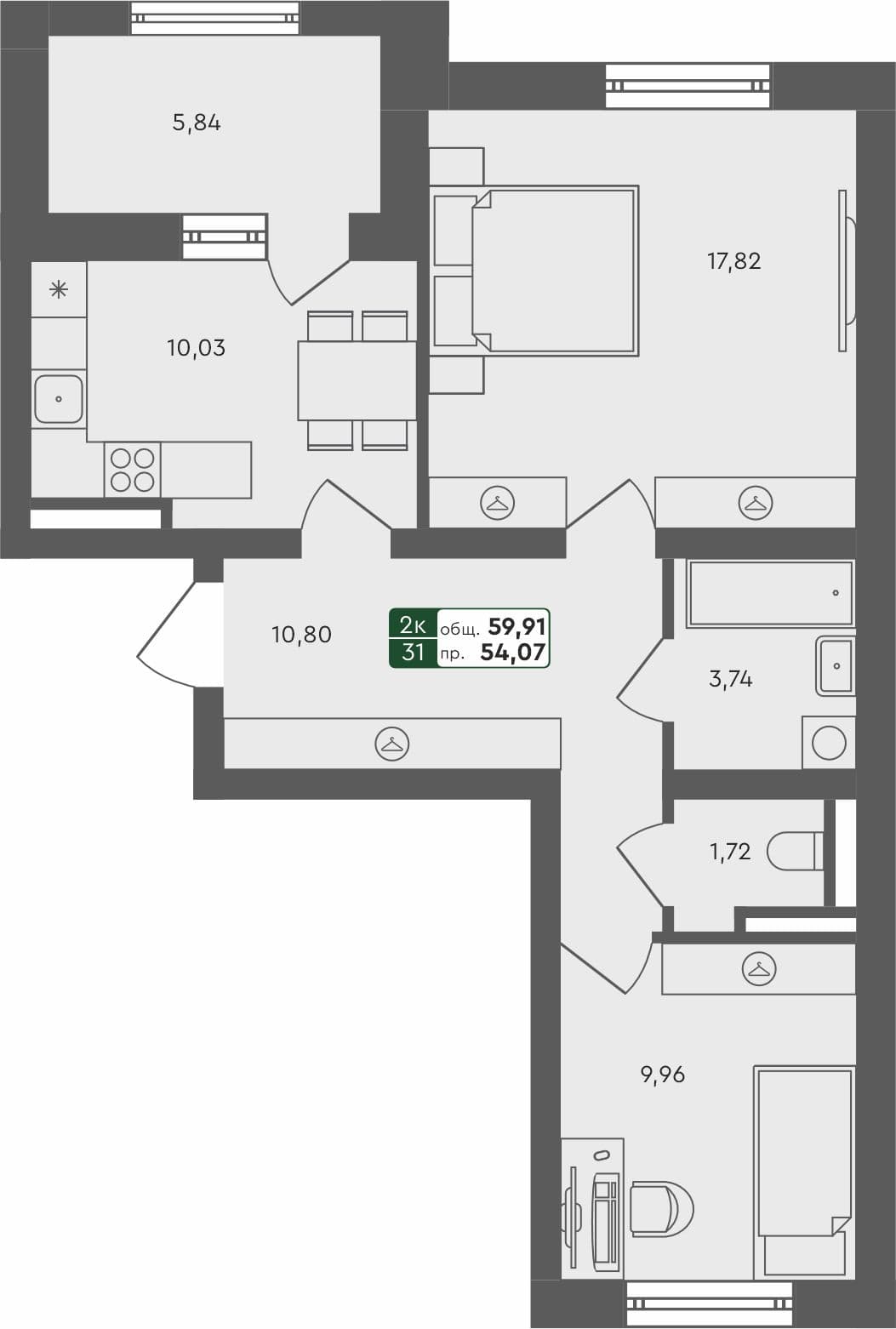 2-комн. квартира, 59.66 м², 3 из 4 этаж квартира