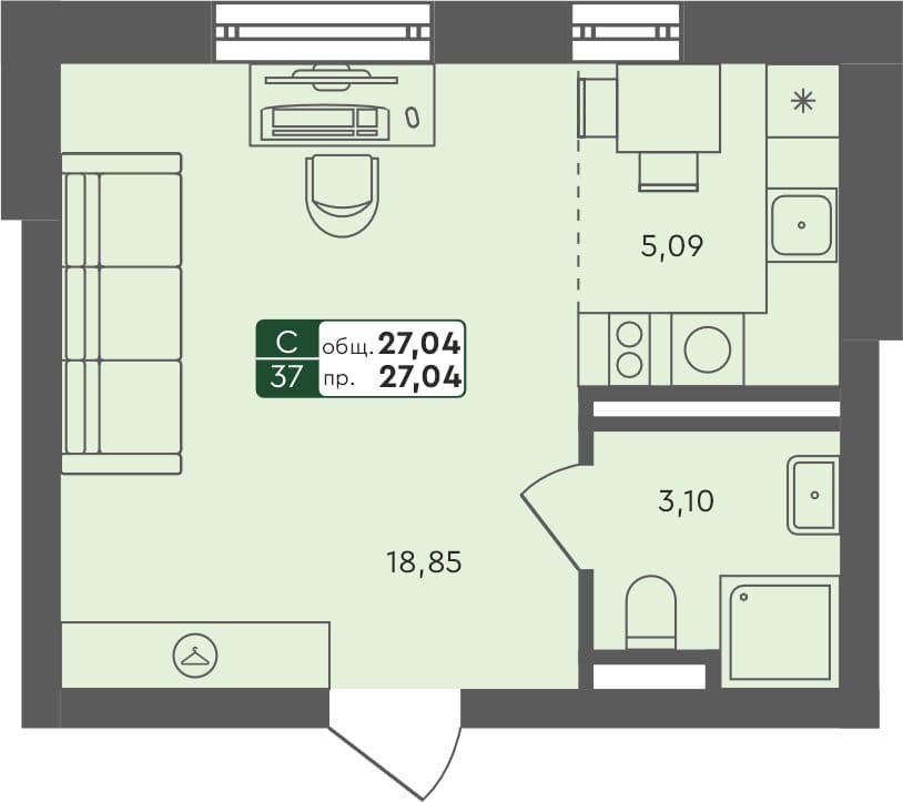 Студия квартира, 27.04 м², 4 из 4 этаж Планировка