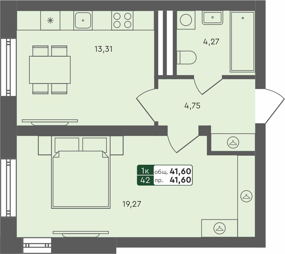 1-комн. квартира, 42.53 м², 4 из 4 этаж Планировка