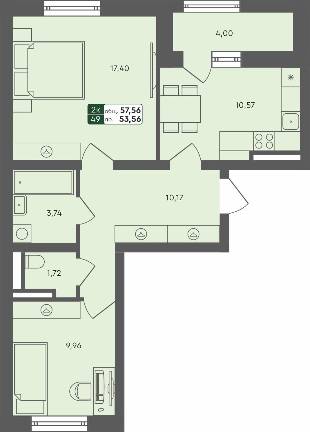 2-комн. квартира, 59.09 м², 2 из 4 этаж квартира