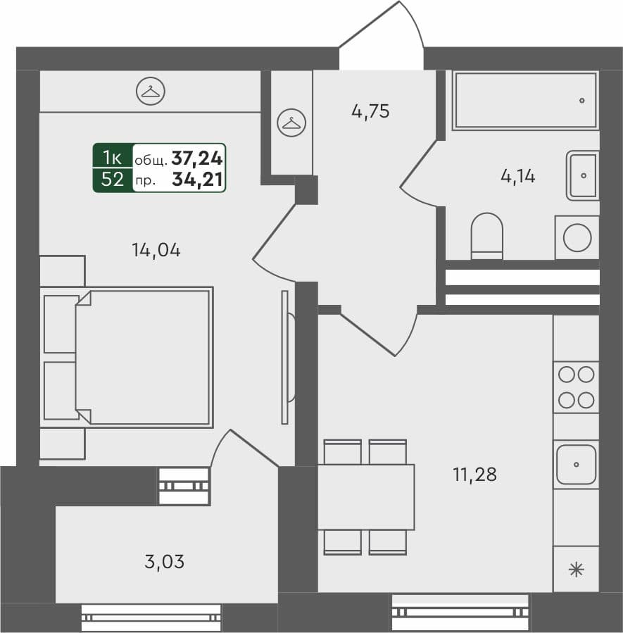 1-комн. квартира, 37.24 м², 3 из 4 этаж квартира