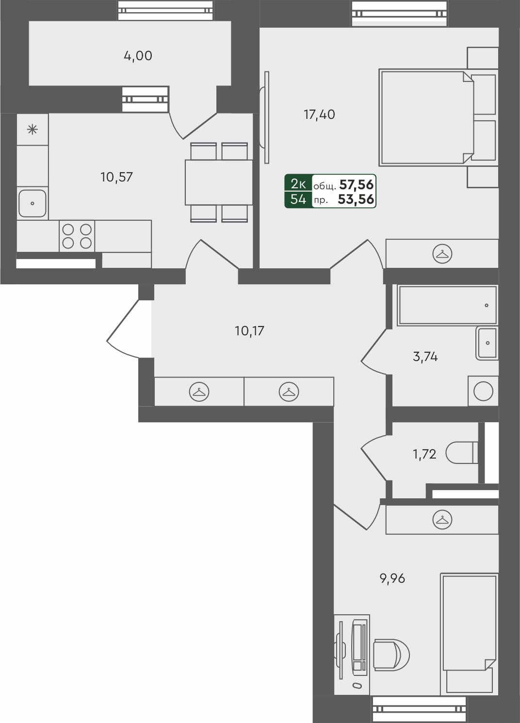 2-комн. квартира, 59.09 м², 4 из 4 этаж квартира