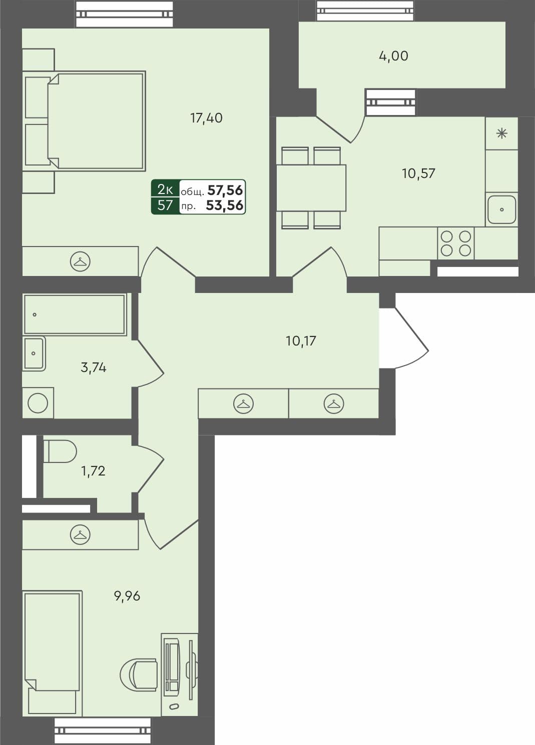 2-комн. квартира, 59.09 м², 4 из 4 этаж Планировка