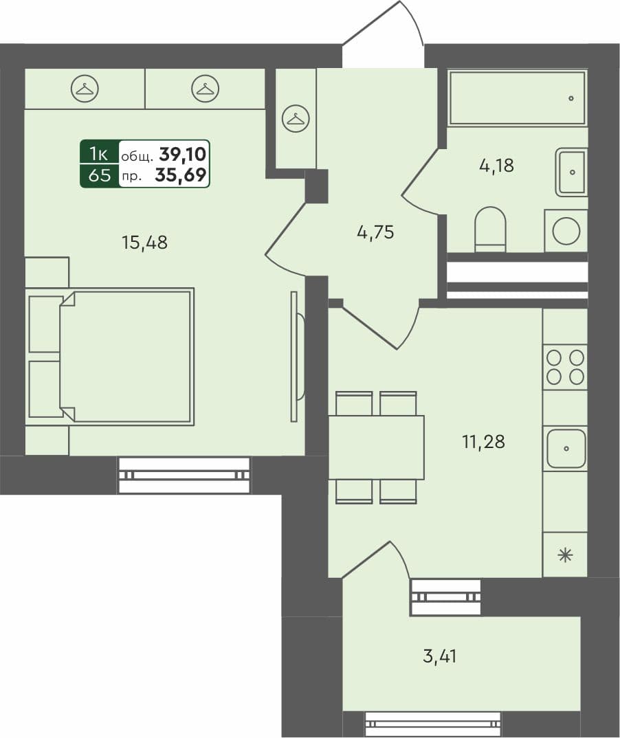 1-комн. квартира, 39.1 м², 2 из 4 этаж Планировка
