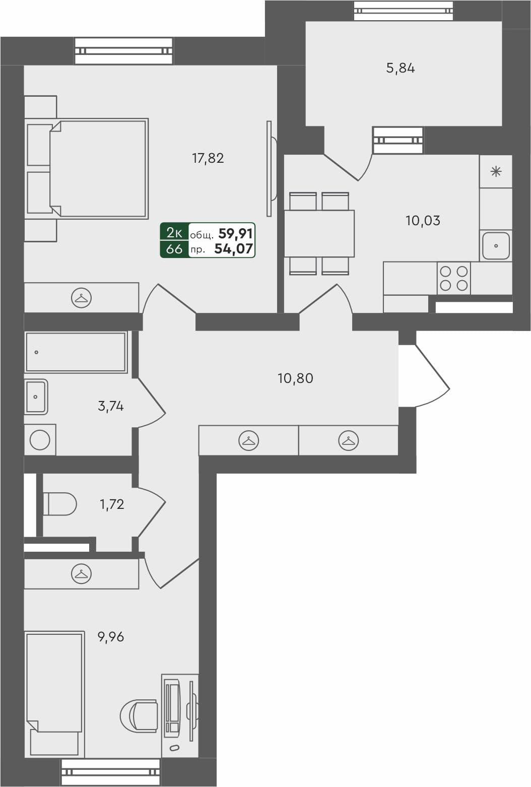 2-комн. квартира, 59.66 м², 2 из 4 этаж квартира