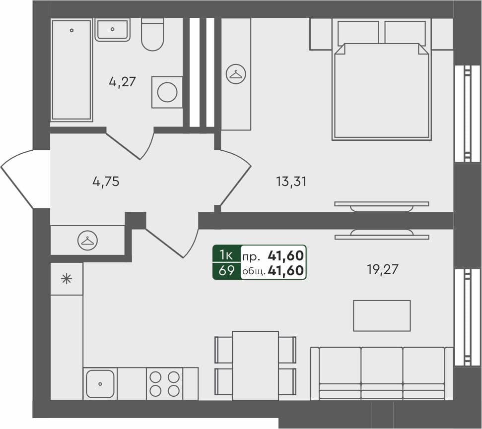 1-комн. квартира, 42.53 м², 3 из 4 этаж Планировка