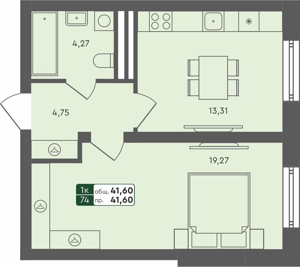 1-комн. квартира, 42.53 м², 4 из 4 этаж Планировка