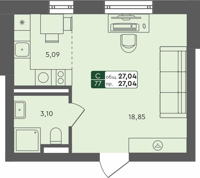Студия квартира, 27.04 м², 4 из 4 этаж Планировка