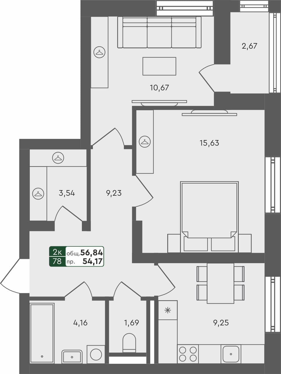 2-комн. квартира, 57.65 м², 4 из 4 этаж квартира