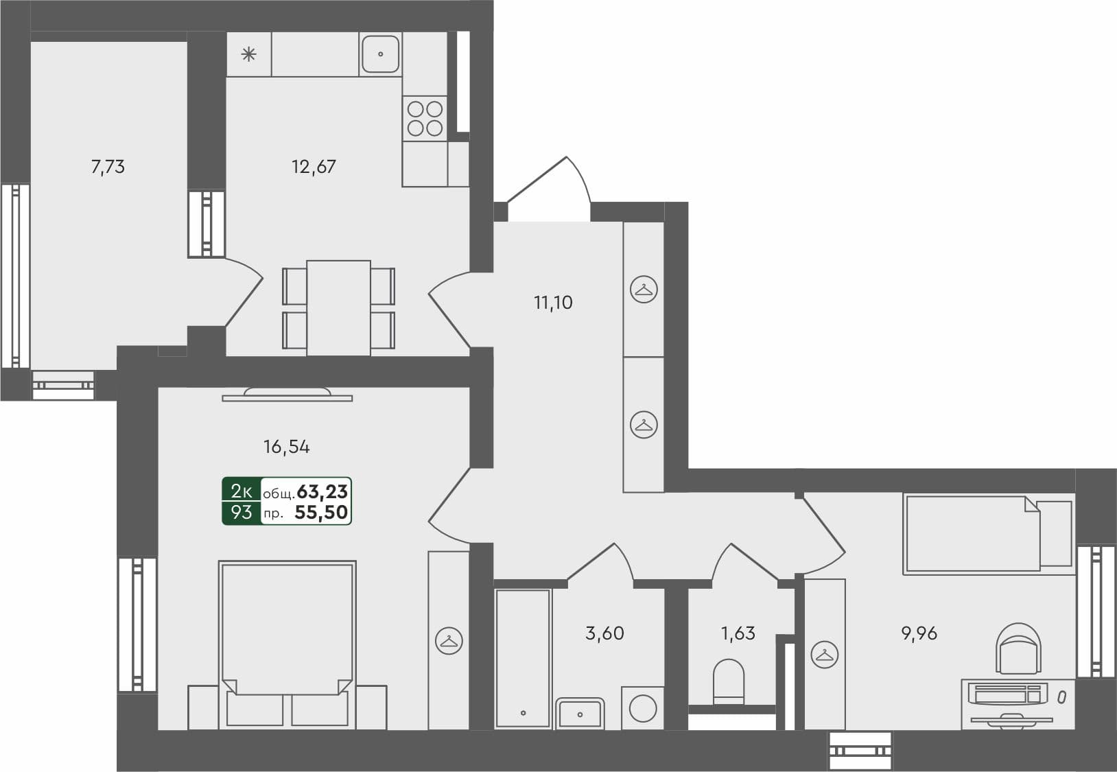 2-комн. квартира, 61.77 м², 4 из 4 этаж квартира