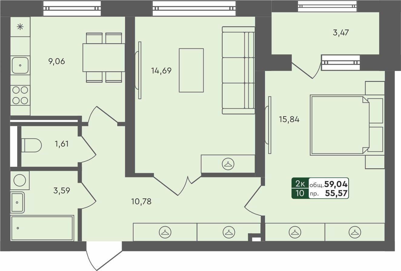 2-комн. квартира, 60.24 м², 3 из 4 этаж квартира