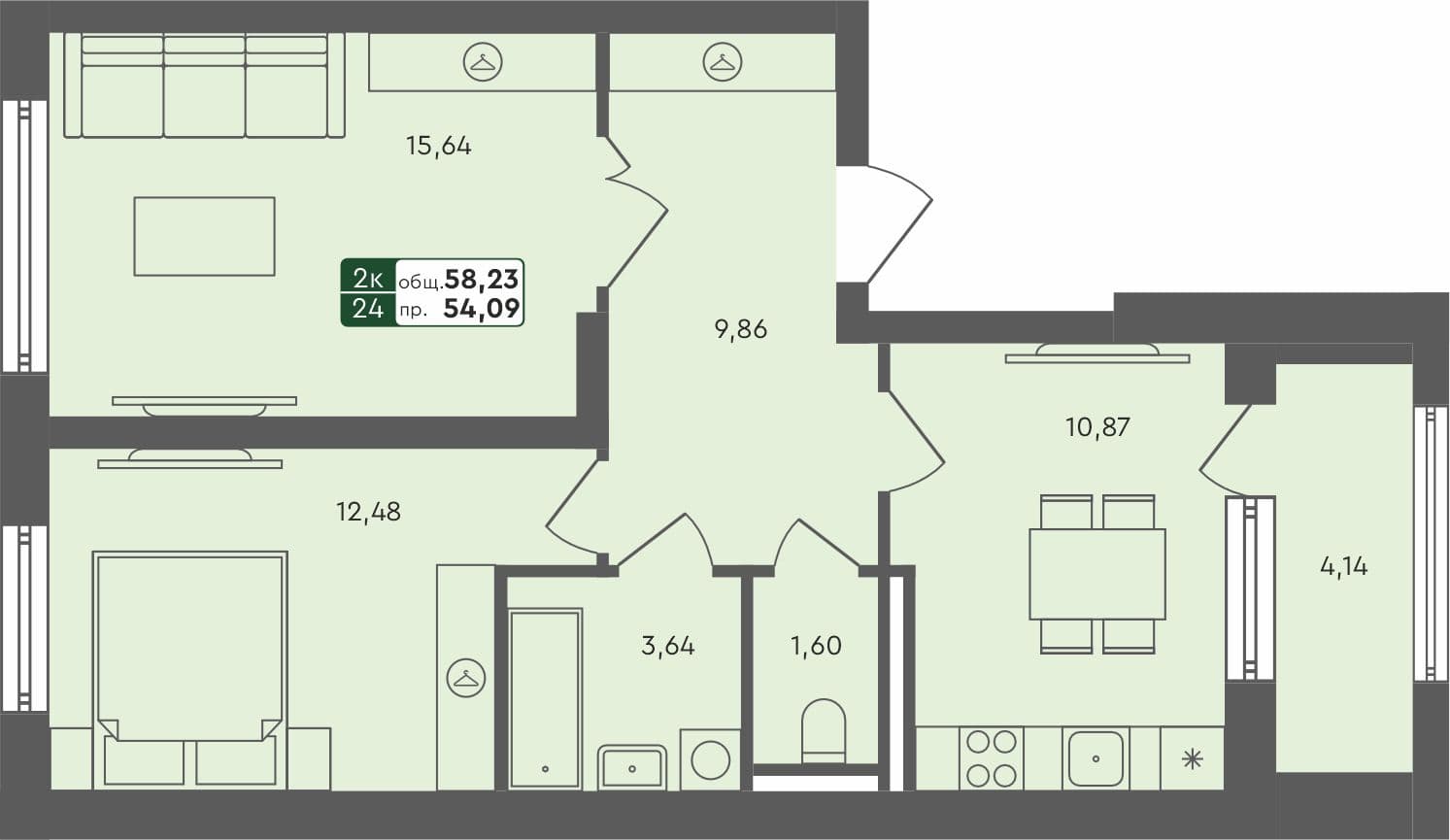 2-комн. квартира, 59.19 м², 3 из 4 этаж квартира