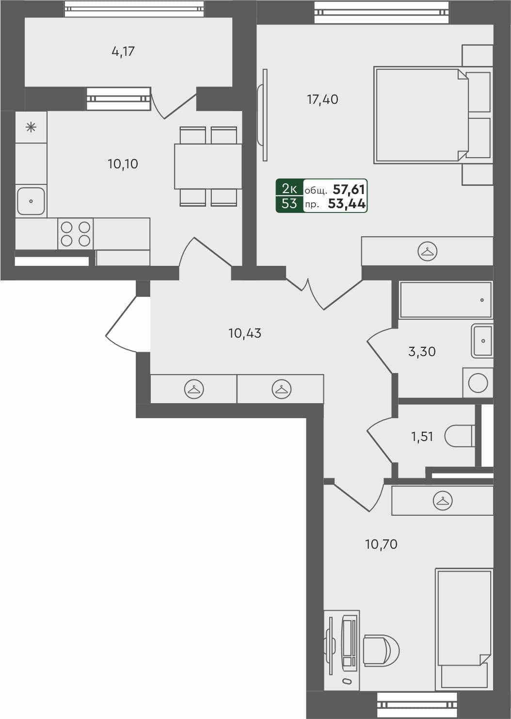 2-комн. квартира, 58.06 м², 3 из 4 этаж Планировка