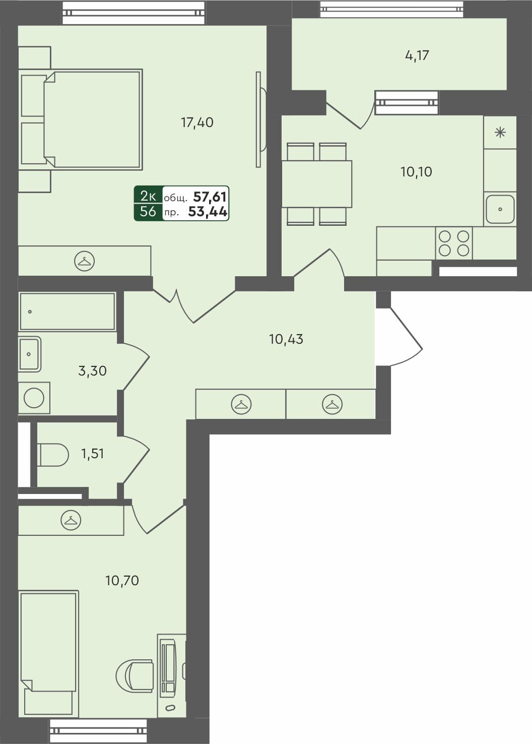 2-комн. квартира, 58.06 м², 3 из 4 этаж квартира