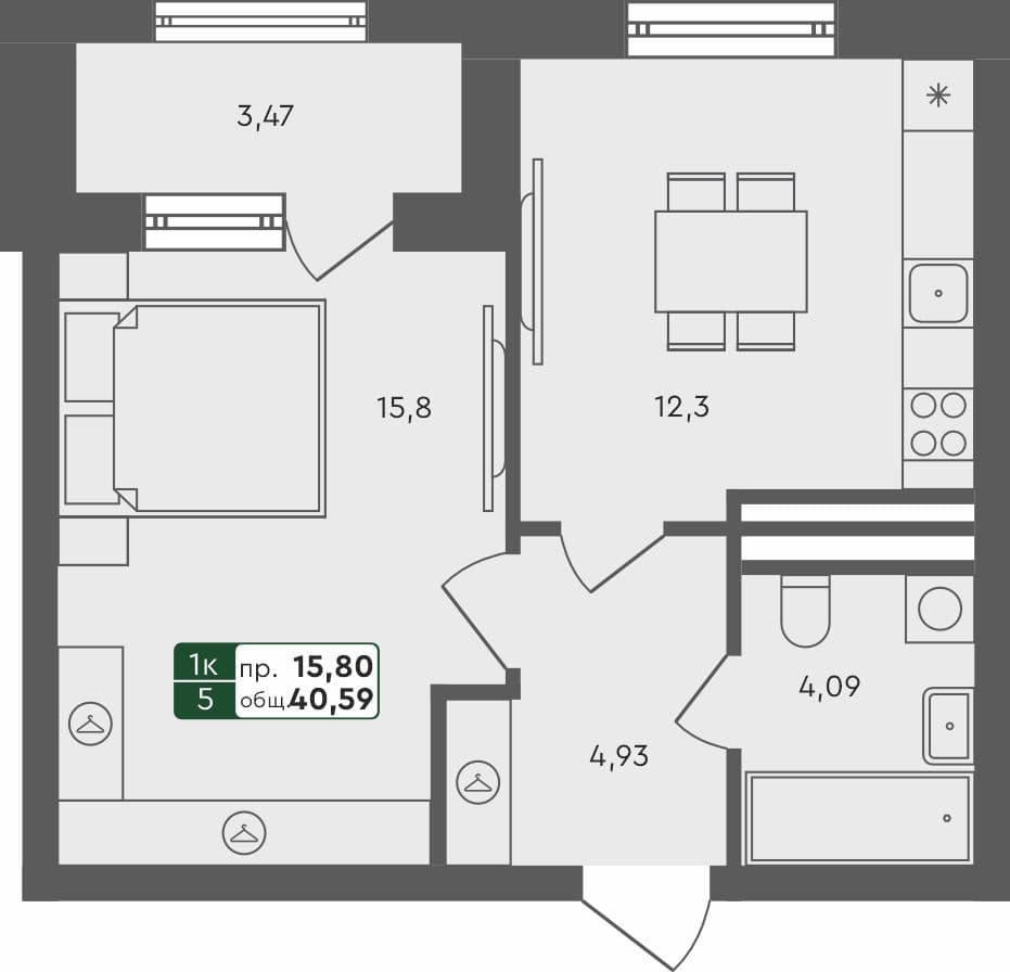 1-комн. квартира, 40.59 м², 2 из 4 этаж Планировка