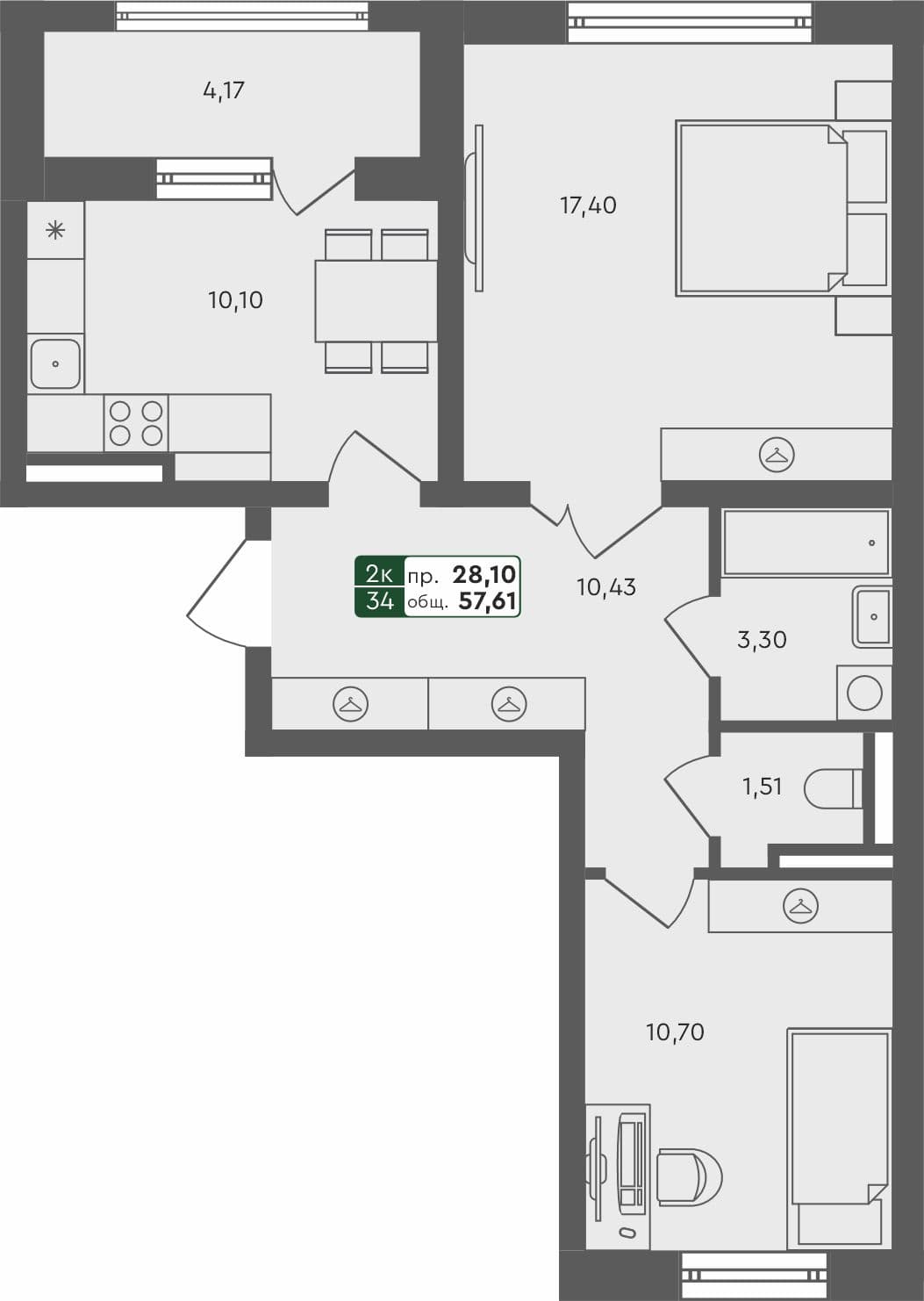 2-комн. квартира, 58.06 м², 2 из 4 этаж Планировка