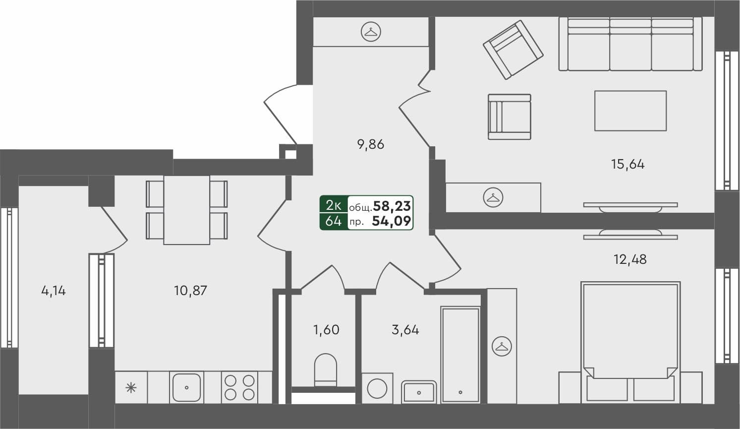 2-комн. квартира, 59.19 м², 1 из 4 этаж Планировка