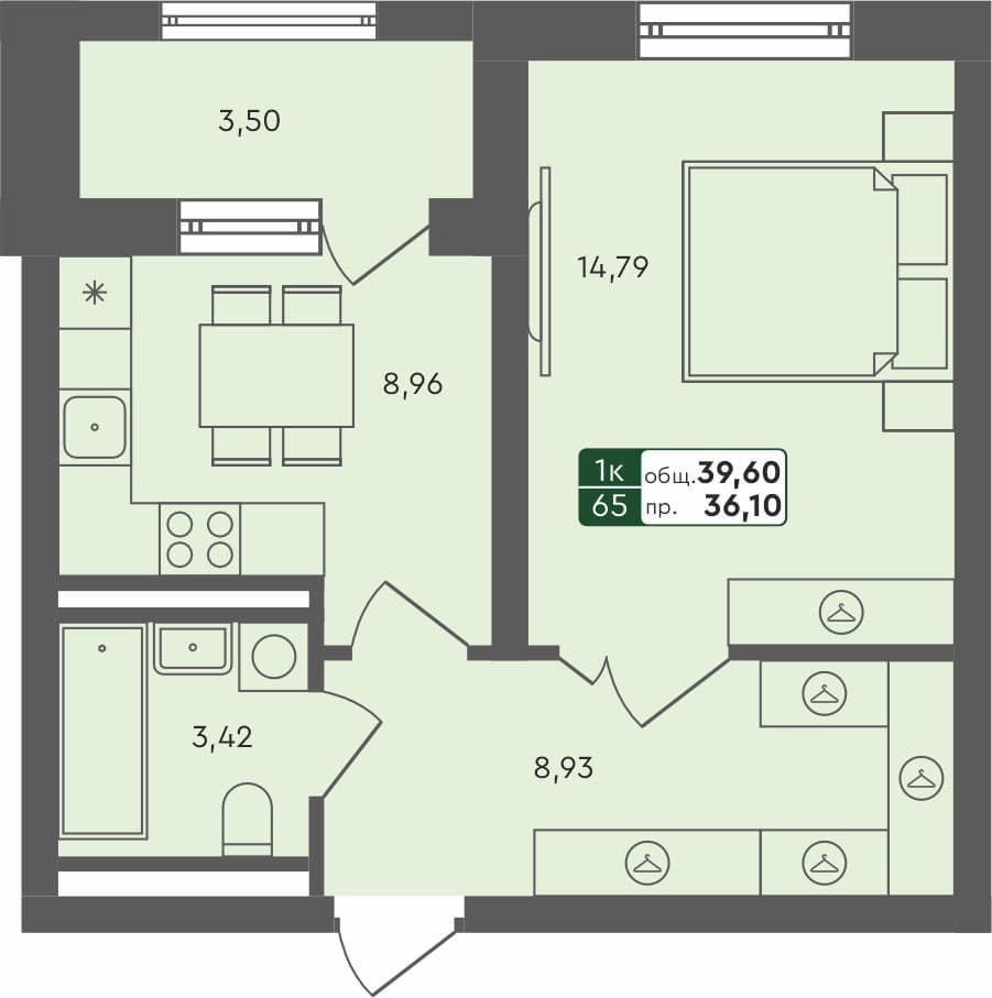 1-комн. квартира, 40.11 м², 2 из 4 этаж Планировка