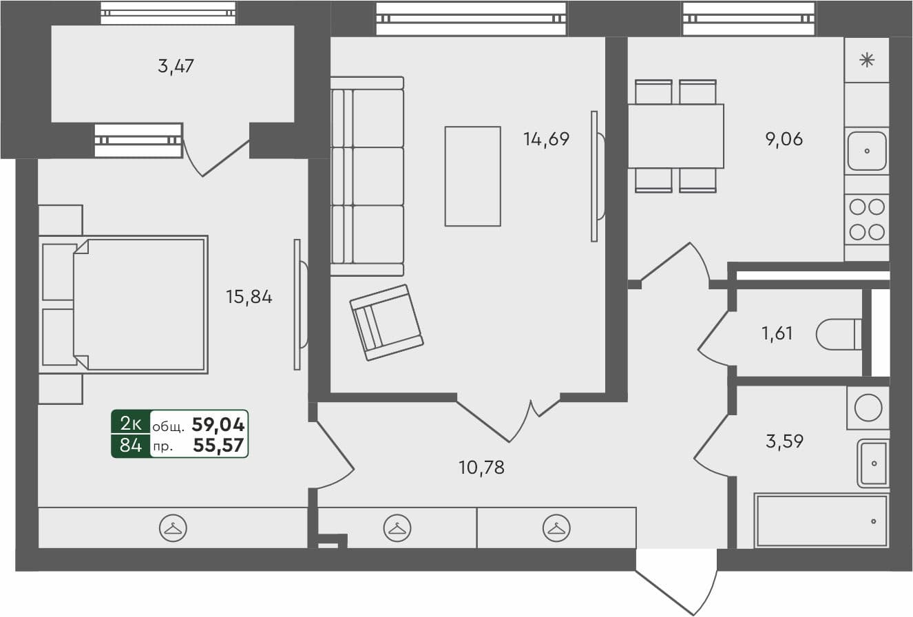 2-комн. квартира, 60.24 м², 3 из 4 этаж Планировка