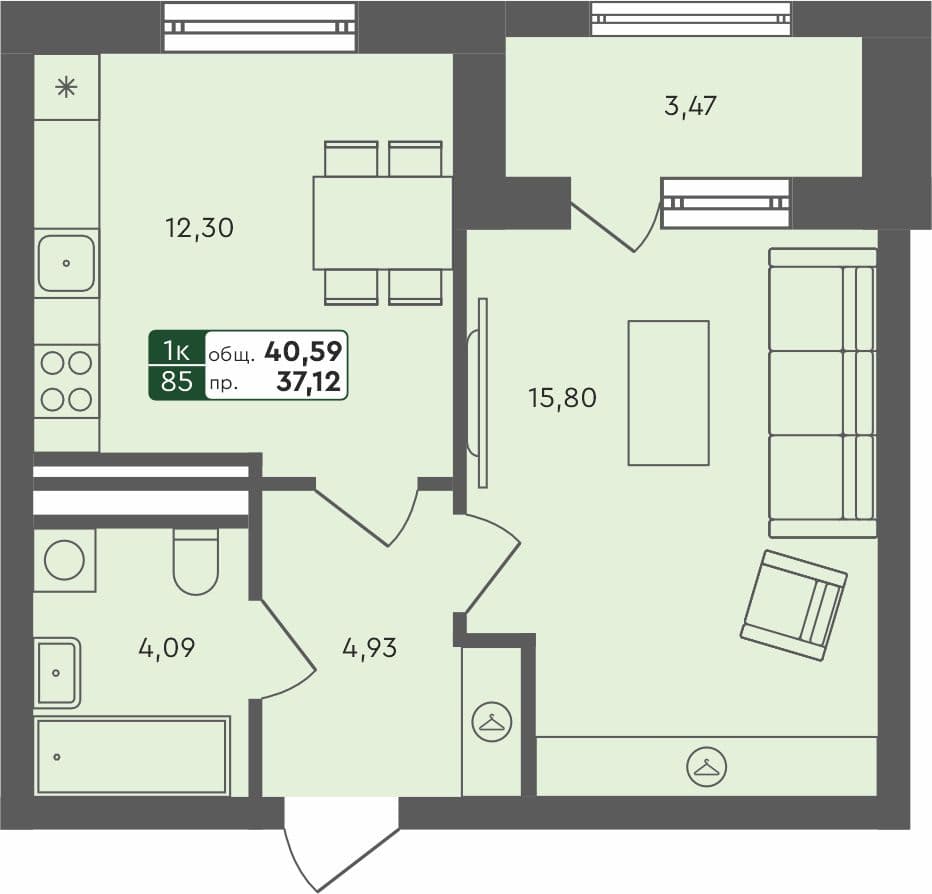 1-комн. квартира, 40.59 м², 3 из 4 этаж Планировка