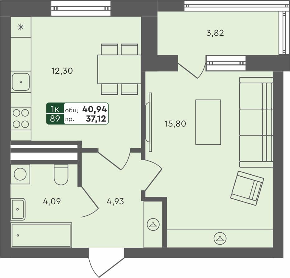 1-комн. квартира, 40.94 м², 4 из 4 этаж Планировка