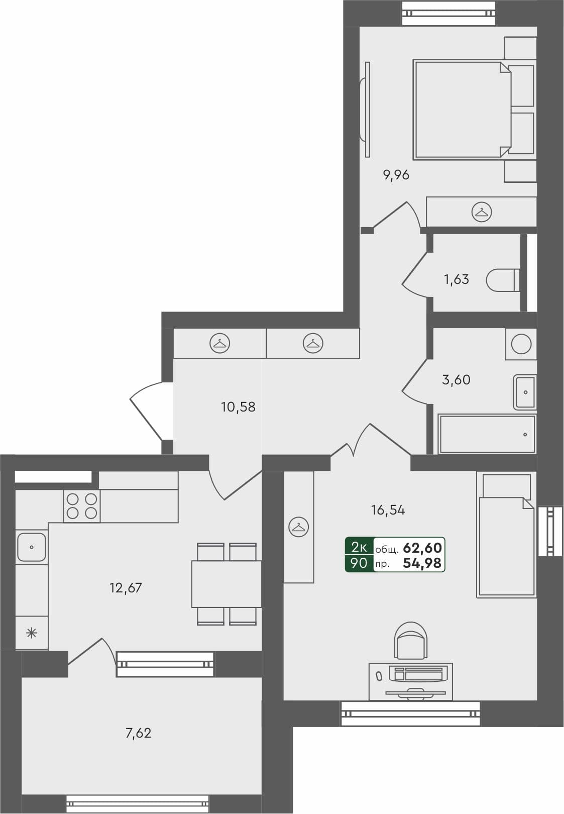 2-комн. квартира, 62.78 м², 4 из 4 этаж квартира