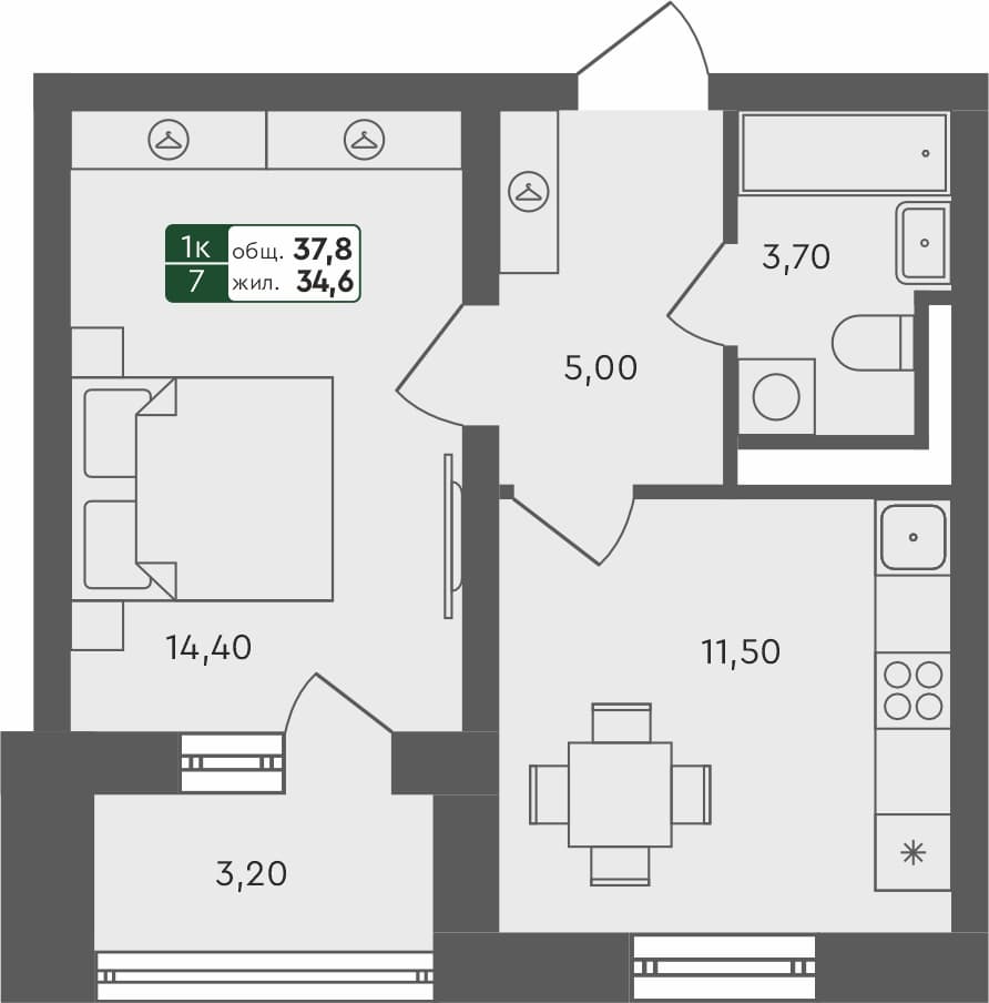 1-комн. квартира, 37.8 м², 3 из 3 этаж Планировка