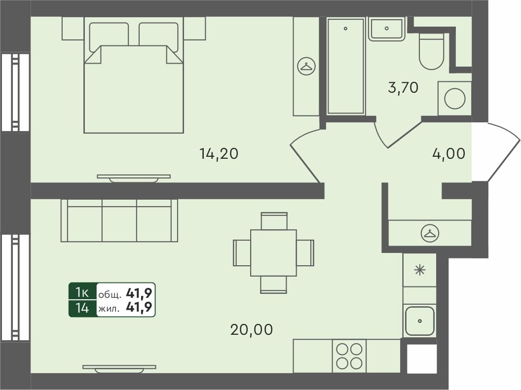 1-комн. квартира, 41.9 м², 2 из 4 этаж квартира
