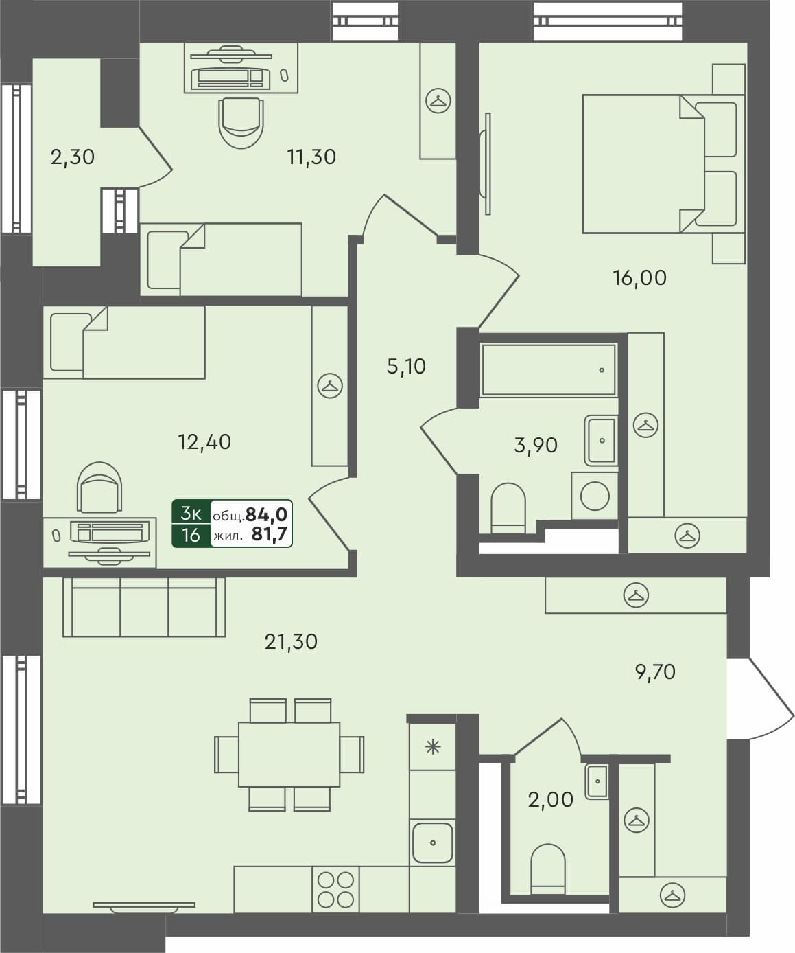 3-комн. квартира, 84 м², 2 из 4 этаж Планировка