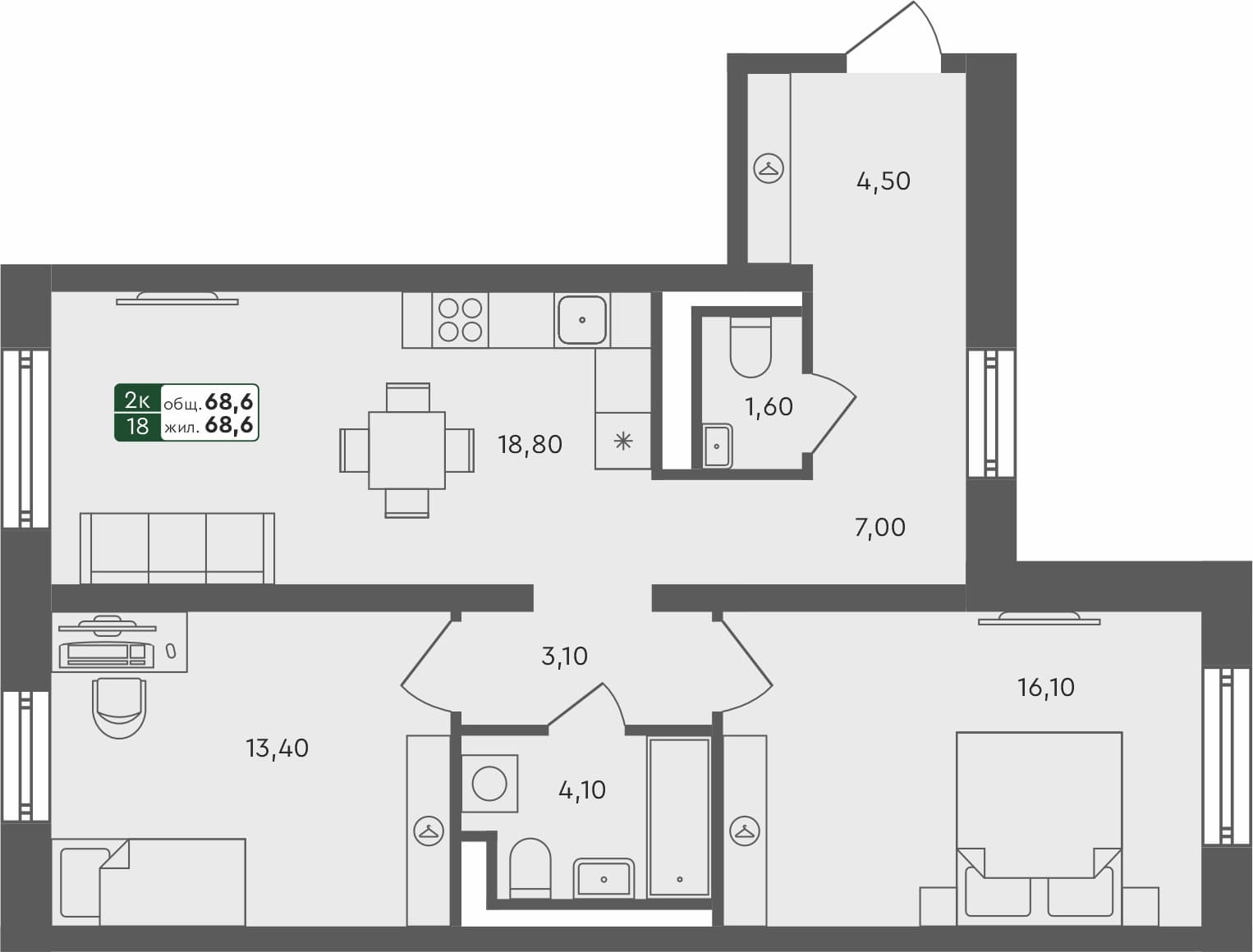 2-комн. квартира, 68.6 м², 3 из 4 этаж квартира