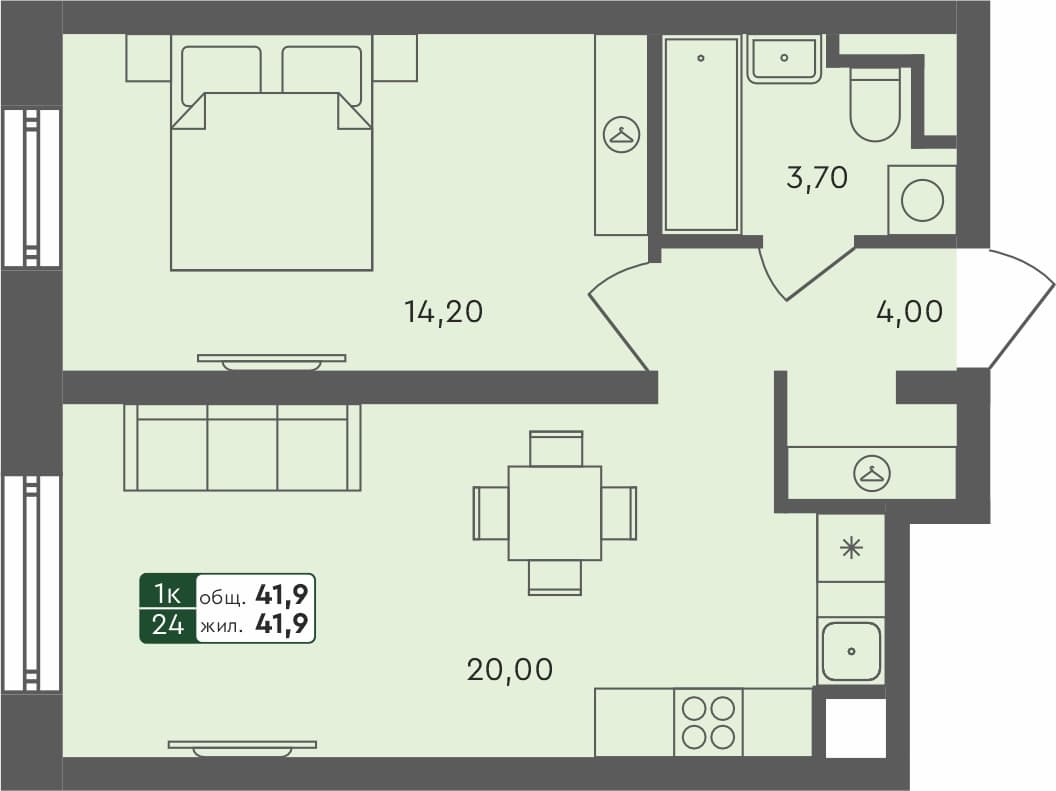 1-комн. квартира, 41.9 м², 4 из 4 этаж Планировка