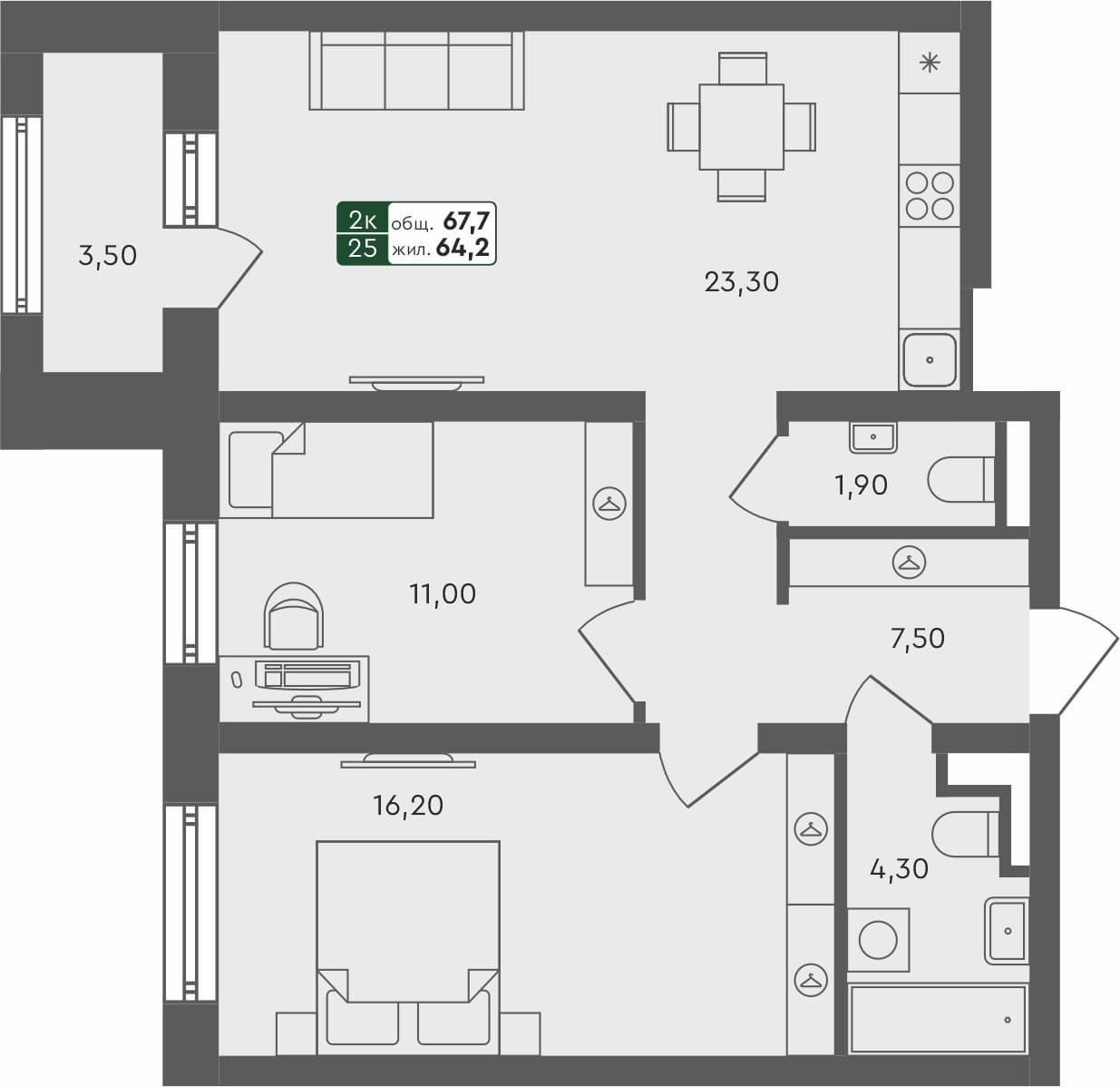 2-комн. квартира, 67.7 м², 4 из 4 этаж Планировка